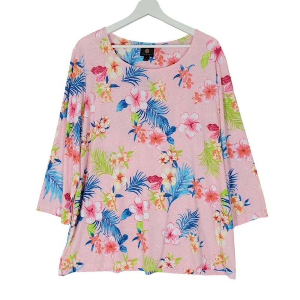 JM Collection Floral Top Womens 2X Pink Tropical Hibiscus 3/4 Sleeve‎ Blouse